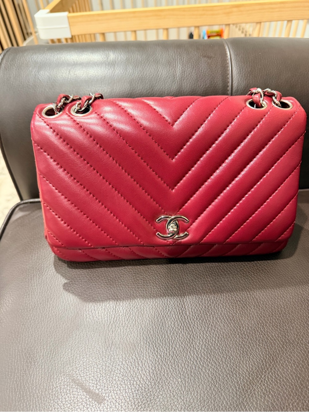 CHANEL Red Chevron Quilted Shoulder Bag with Silver CC